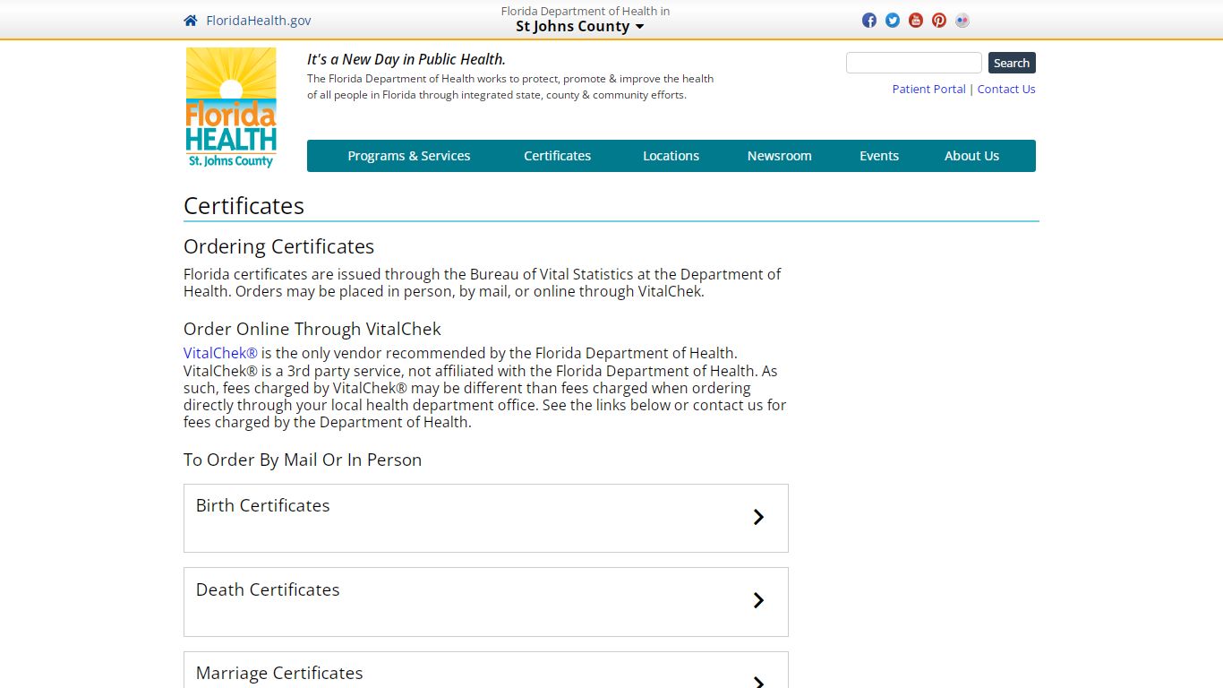 Certificates | Florida Department of Health in St Johns